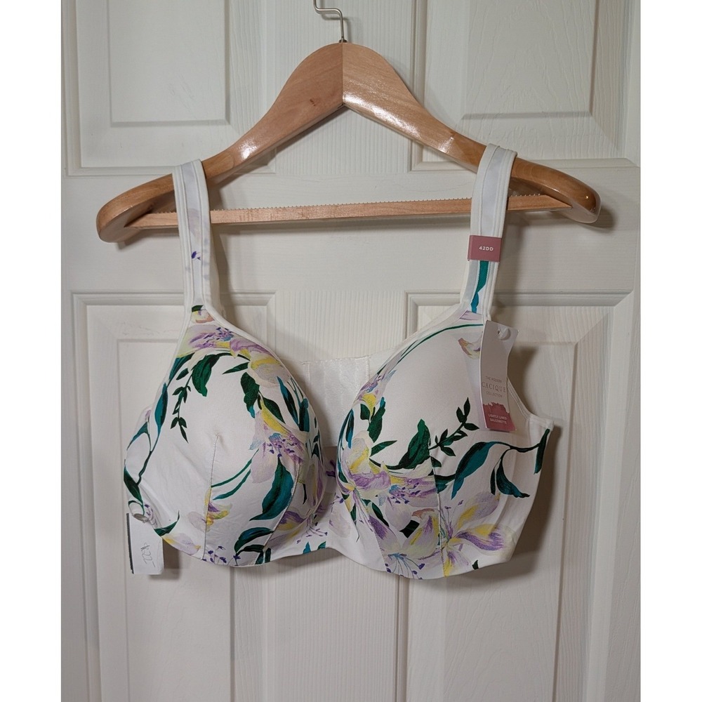 Cacique Modern Collection White Floral Smooth Balconette Bra 42DD Lightly Lined